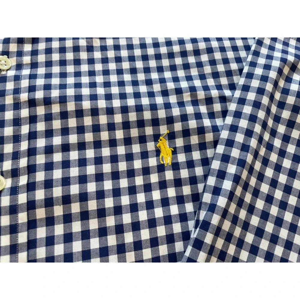 Polo Ralph Lauren Mens XL Custom Fit Gingham Shirt Navy Blue White Long Sleeve
